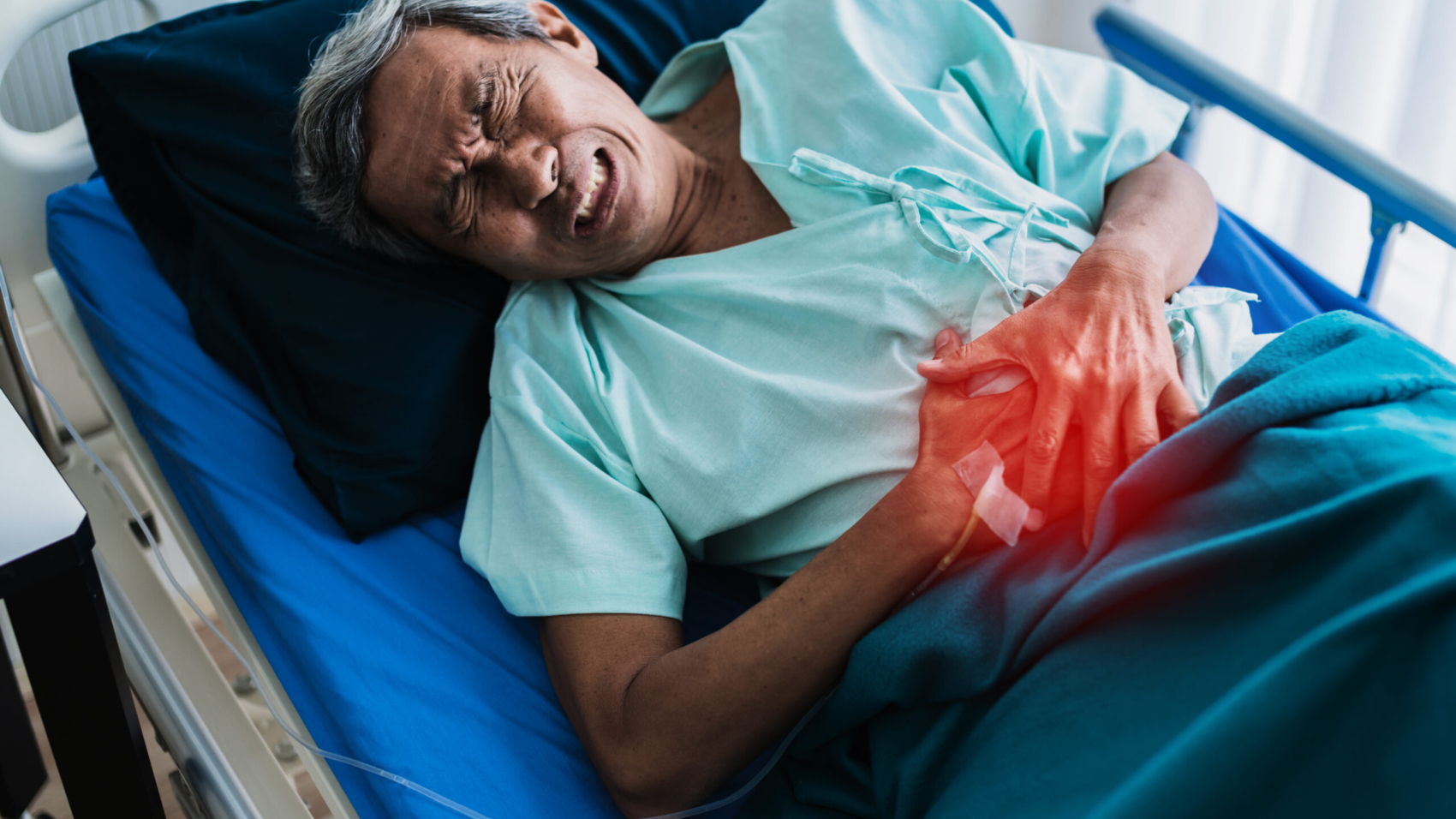 pain and stomache old senior asian grandfather in patient uniform suffer from body problem health ideas concept