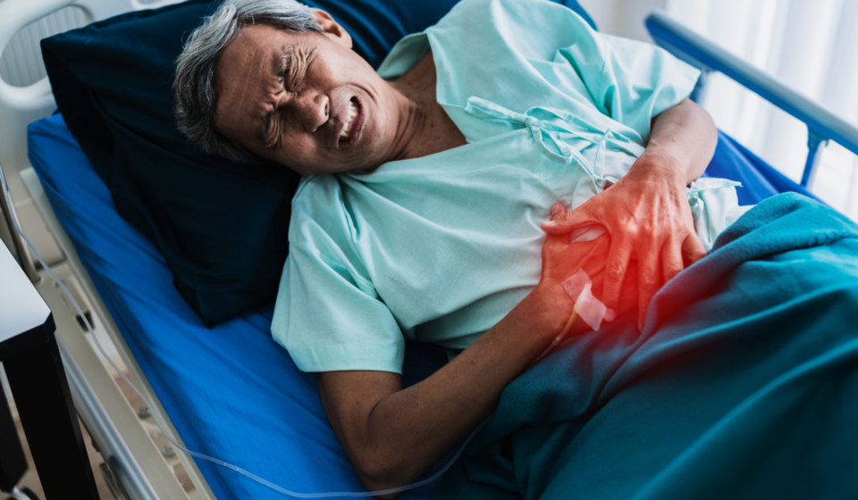 pain and stomache old senior asian grandfather in patient uniform suffer from body problem  health ideas concept